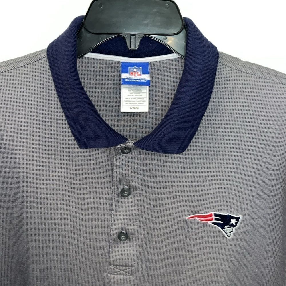 Reebok Gray & Blue NFL shield New England Patriots polo golf shirt L Tailgate